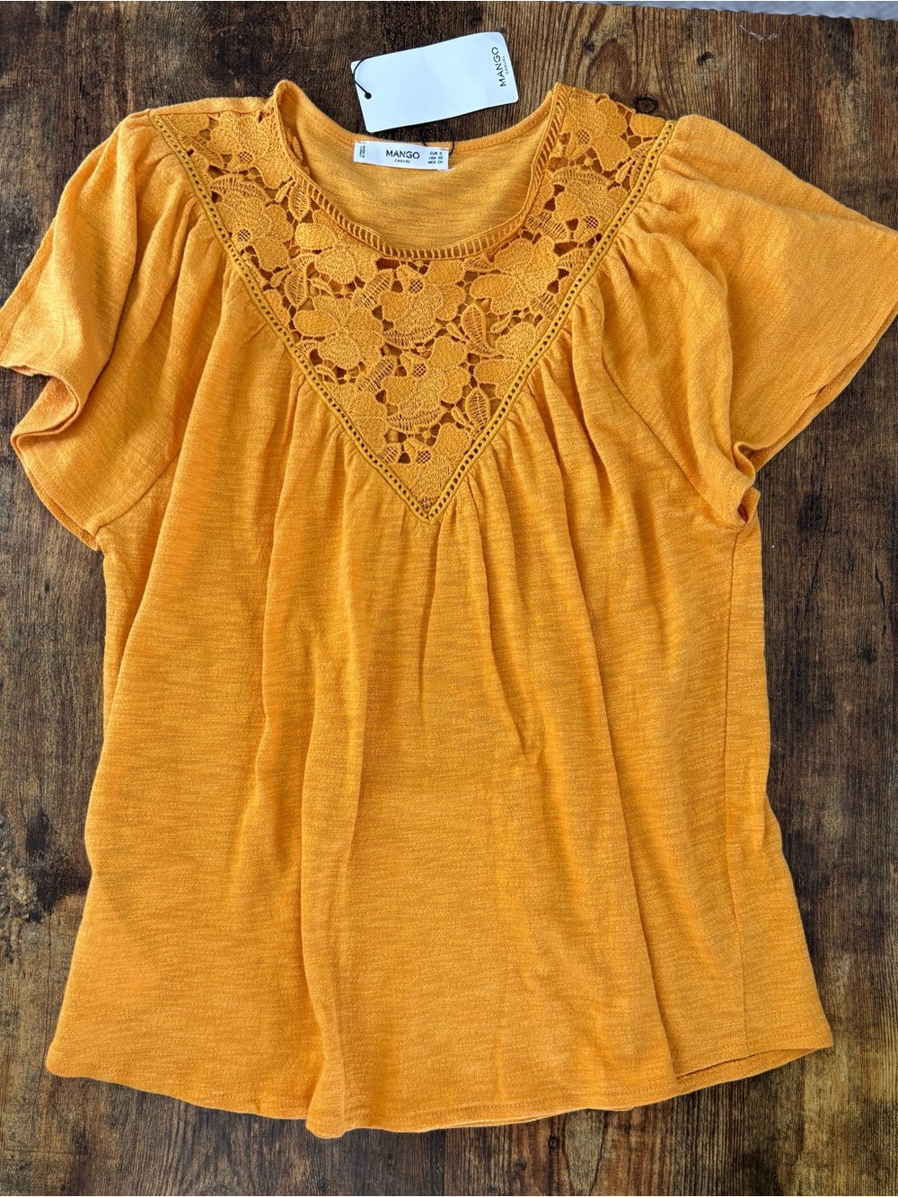 NWT MANGO Women's Mustard Crochet Yoke Short Sleeve Top